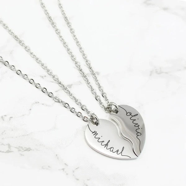 Couple Heart Necklace in Stainless Steel with Laser Engraved Name